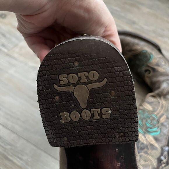 Soto Boots Women's Cowgirl Boot Turquoise Rose Inlayed Western Size 8 Brown Blue - Picture 5 of 11